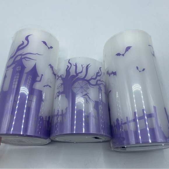 Halloween Flameless Candles Set of 3 Battery Operated Purple LED Bats Haunted - Picture 5 of 5